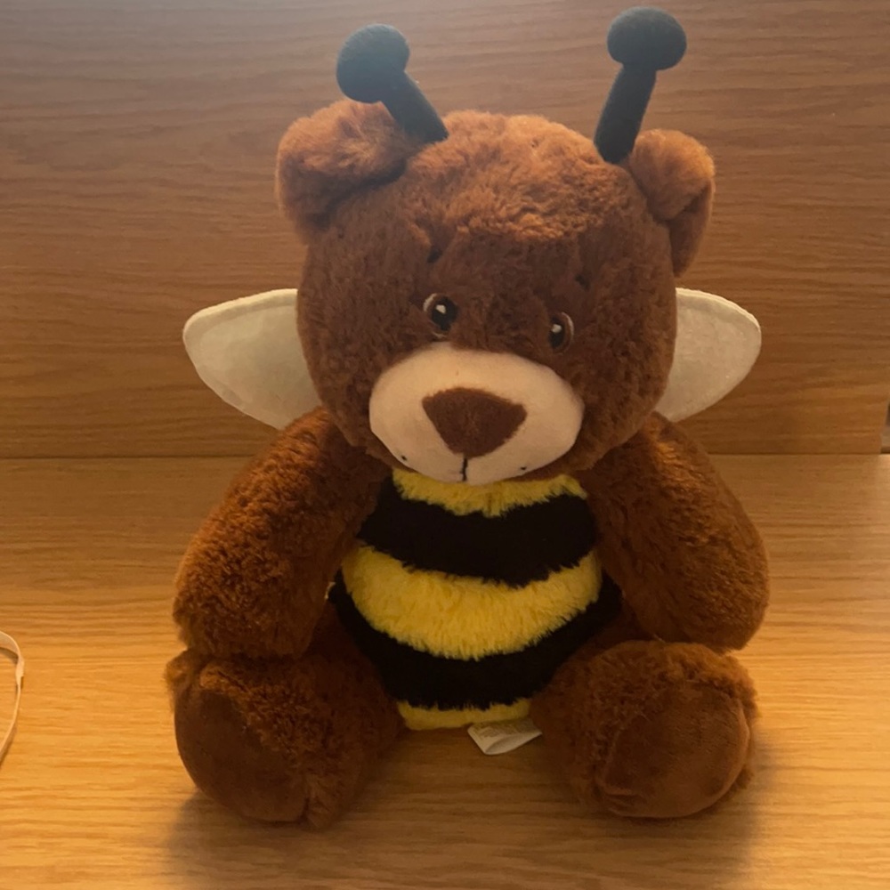 Brown bear plush in a bee outfit. Honeybee bear